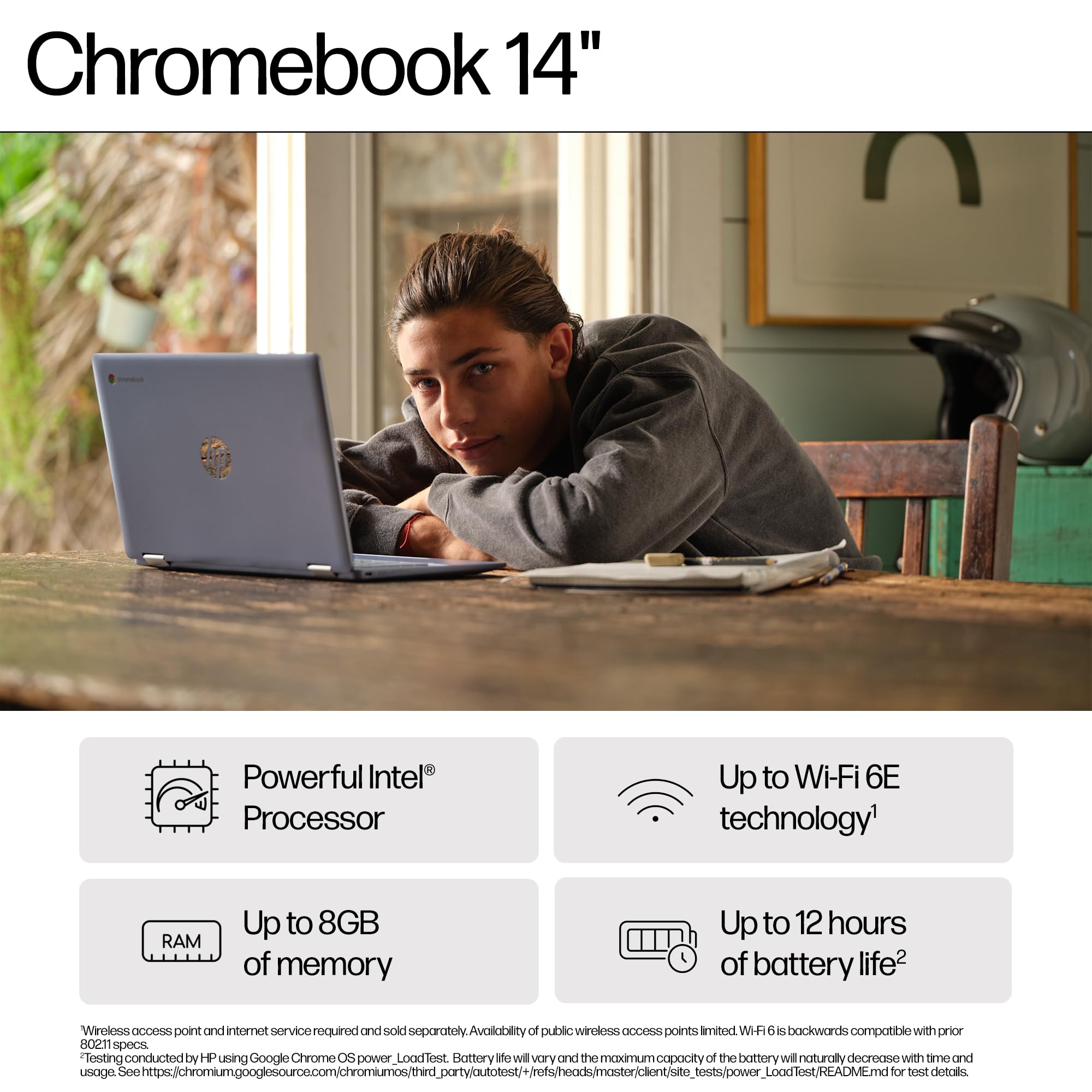 HP Chromebook 14" | Intel Processor N100 Processor| 4 GB RAM | 128 GB Flash Storage | Intel UHD Graphics | HD Display | Up to 12hrs battery | Chrome OS | Dual Speakers | Glacier Silver | 14a-nf0002sa