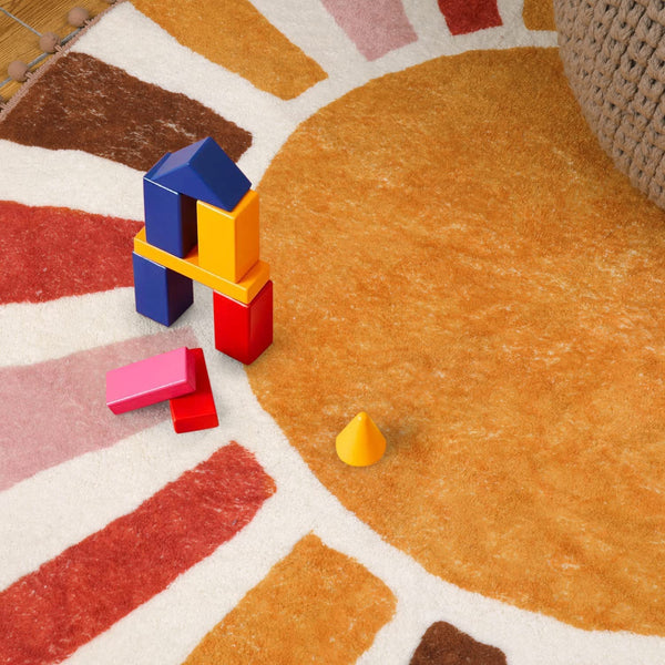 KIMODE Retro Sun Round Rugs Living Room 120cm, Non Slip Area Rugs for Bedroom Soft Machine Washable Rugs Living Room with Pom Poms Fringe Circle