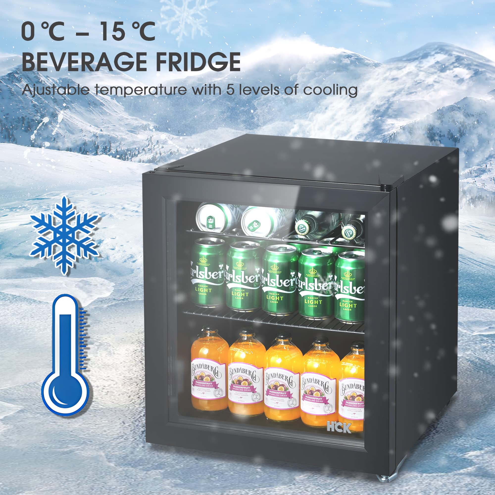 HCK 48L Mini Fridge with Glass Door, 0-15°C Cooling Zone and 2 Shelves, Compact Beverage Refrigerator Cooler for Bar and Living Room