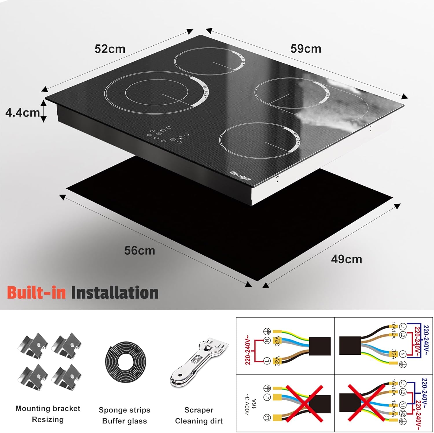Cooksir Electric Hob 60cm, Ceramic Hob 4 Ring 6700W, Electric Hob 4 Zone with Expandable Dual and Oval Zone, Built-in Hob with Frame, Timer, Safety Lock, 220-240V(No Plug)