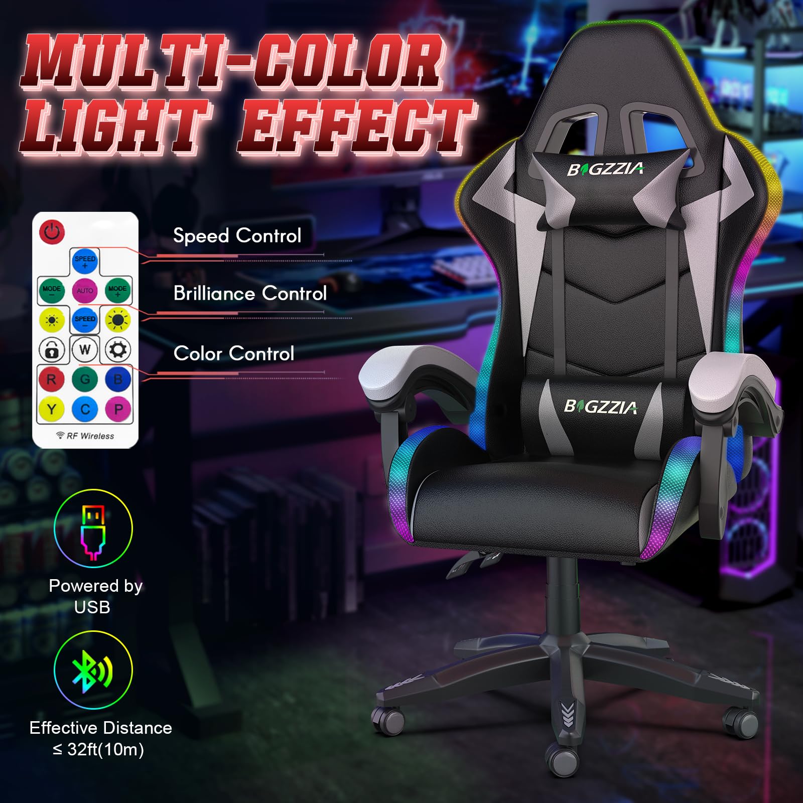 bigzzia RGB Gaming Chair with LED Lights and Ergonomic Computer Chair Reclining PU Leather High Back Video Game Chair with Headrest Adjustable Lumbar Support Linkage Armrest for Adults (Black/Grey)