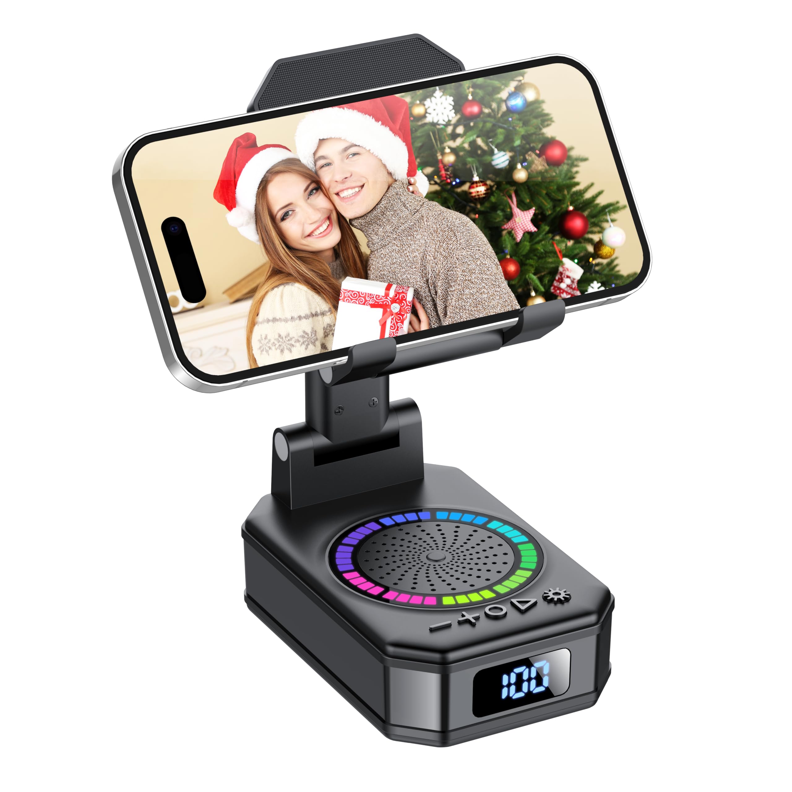 Gifts for Men Women, Phone Stand with Bluetooth Speaker, Anti-Slip Base, 4-in-1 Design with RGB, Foldable Phone Charger Stand with Wireless Speaker, Ideal for Dad Mom, Tech Gadget Stocking Fillers
