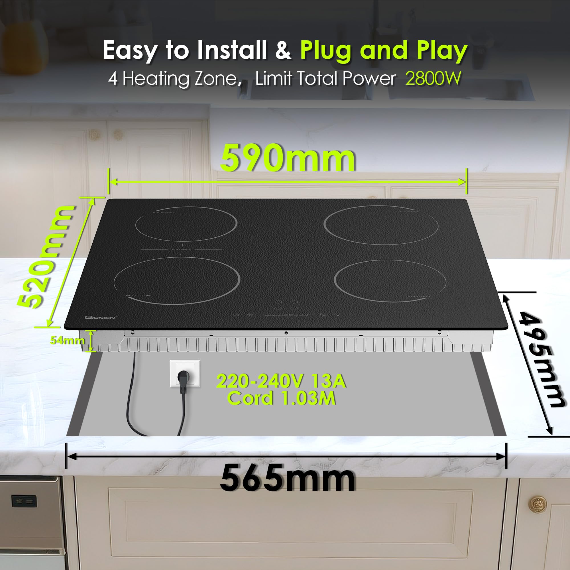 GlONlEN Plug-in Induction Hob White 13 Amp 2800W,59cm Integrated Electric Cooktop with Bridge Zone, 4 Cooking Rings,Built-in Cooker