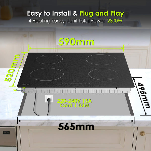 GlONlEN Plug-in Induction Hob White 13 Amp 2800W,59cm Integrated Electric Cooktop with Bridge Zone, 4 Cooking Rings,Built-in Cooker