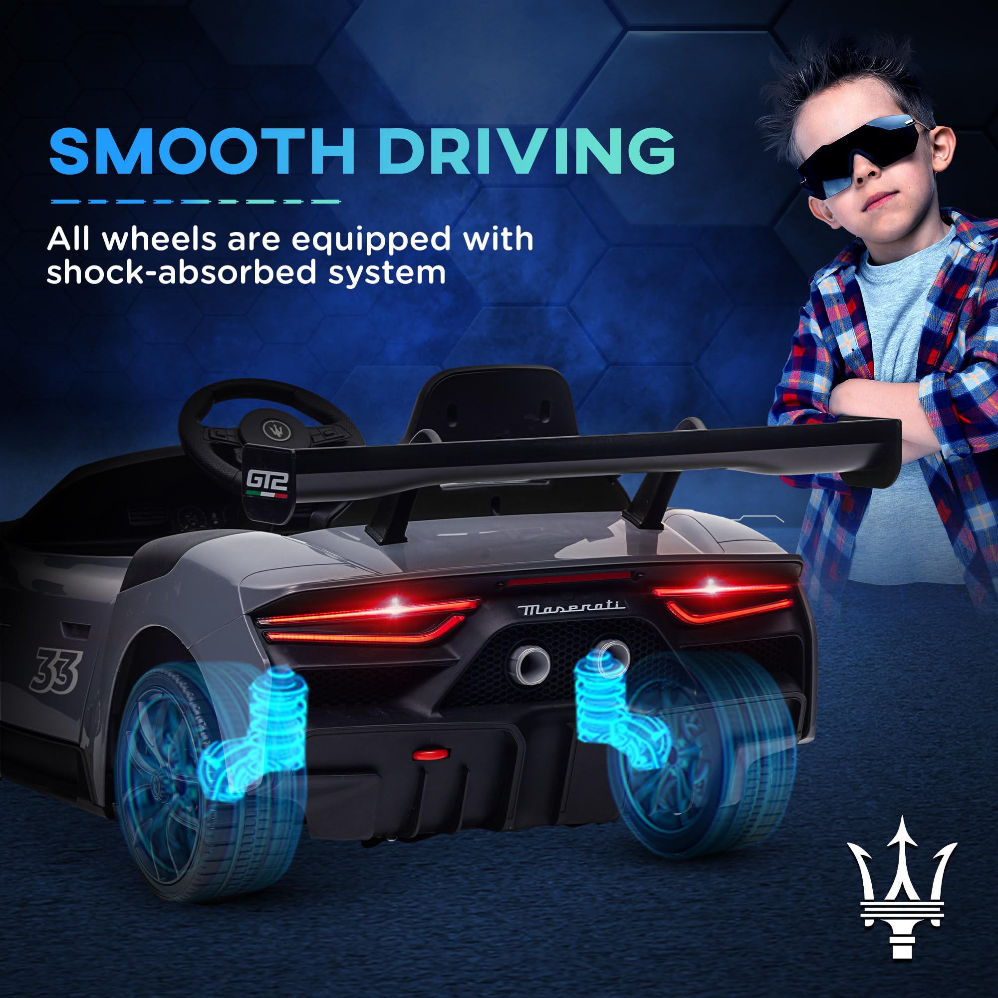 AIYAPLAY Maserati GT2 Licensed 12V Electric Car for Kids, Kids' Electric Ride on with Suspension System, Remote Control, USB, Music, Horn, Lights, Auxiliary Wheels, for Ages 3-5 Years, Grey