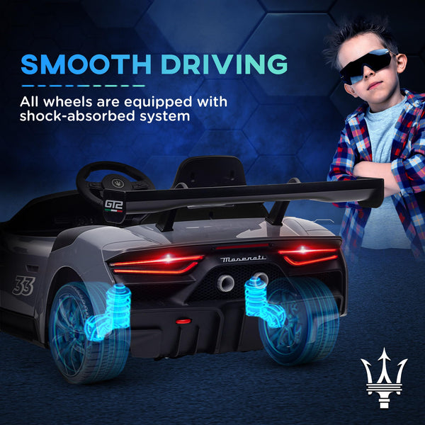 AIYAPLAY Maserati GT2 Licensed 12V Electric Car for Kids, Kids' Electric Ride on with Suspension System, Remote Control, USB, Music, Horn, Lights, Auxiliary Wheels, for Ages 3-5 Years, Grey