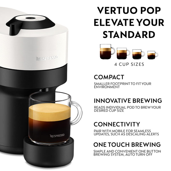 Nespresso Coffee Machine Barista Bundle includes Vertuo Pop White by Krups, Milk Frother, 2x Mugs, 2 x spoons, Melozio coffee pods & Chiaro coffee pods