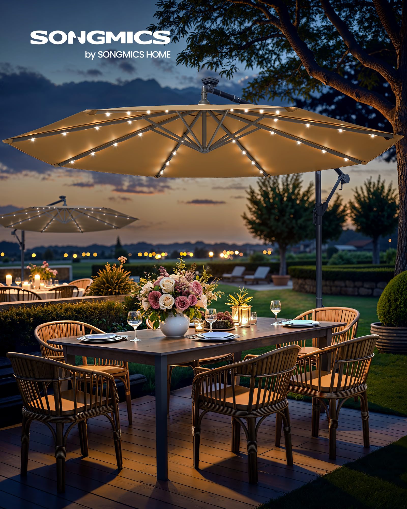 SONGMICS Cantilever Garden Parasol with Solar-Powered LED Lights, 3 m Banana Patio Umbrella with Base, Crank for Opening Closing, Sunshade with Protection UPF 50+, Beige GPU118M01