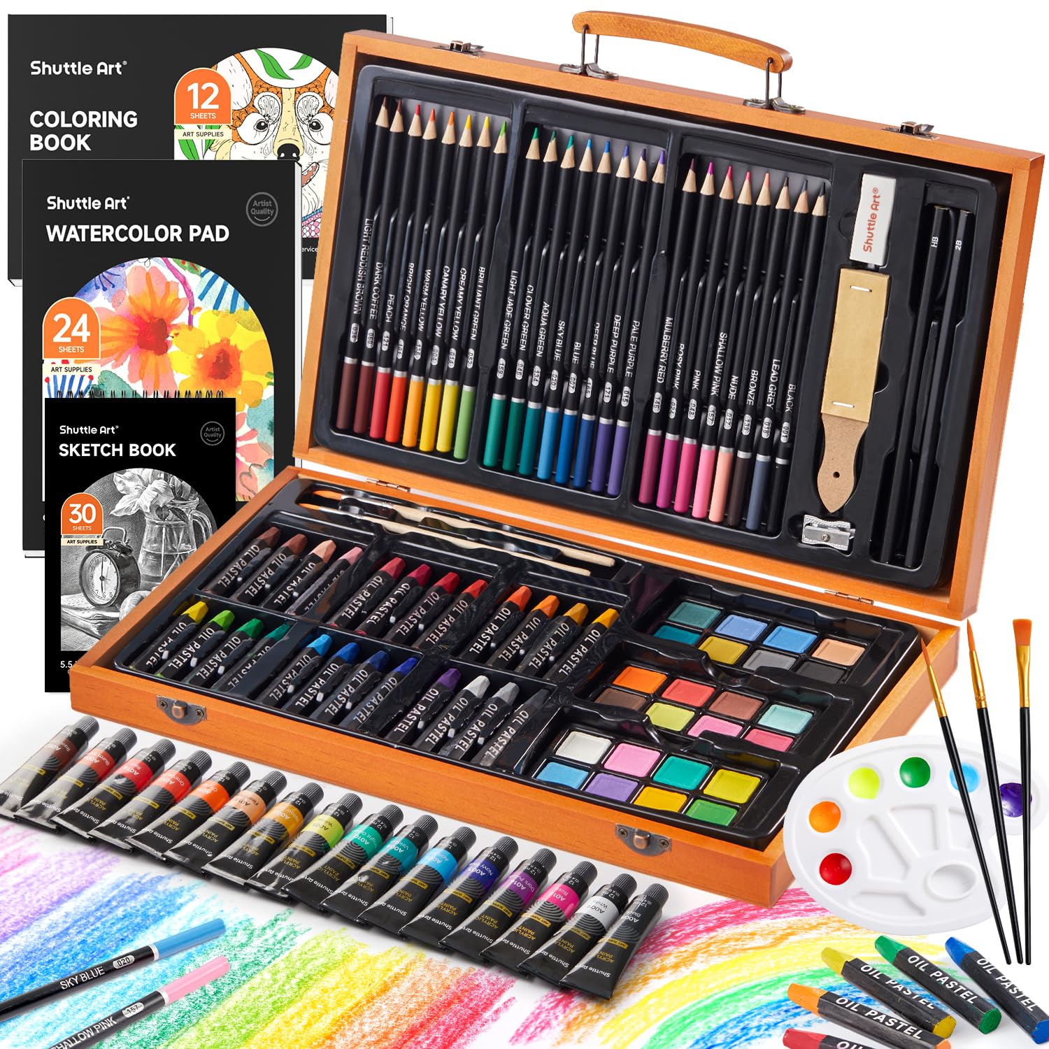 Shuttle Art 118 Piece Deluxe Art Set, Art Supplies in Wooden Case, Painting Drawing Art Kit with Acrylic Paint Pencils Oil Pastels Watercolour Cakes