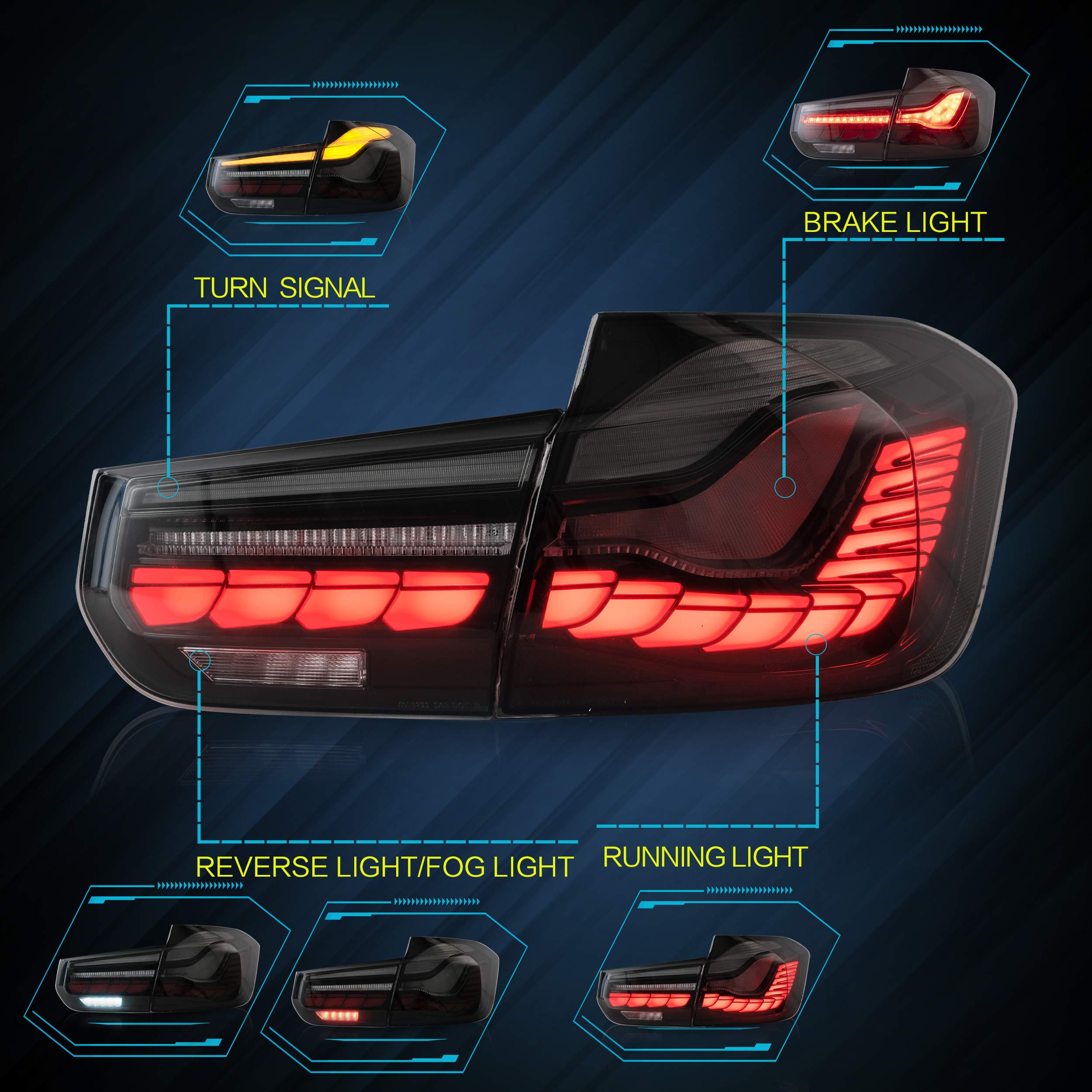 VLAND OLED Rear Lights Compatible with 2013-2018 BMW 3 Series F30 F35 F80 320i 328i 335i Sedan (Not for F31 F34), Tail Lights with Sequential Indicators, E-mark, Red