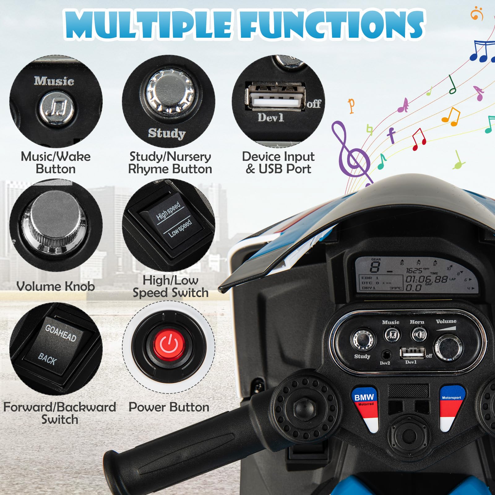 COSTWAY 12V Kids Electric Motorbike, Licensed BMW Ride on Motorcycle with Headlight, Music, Horn, MP3, USB Port, Battery Powered Vehicle Toy for 37-96 Months (Red)