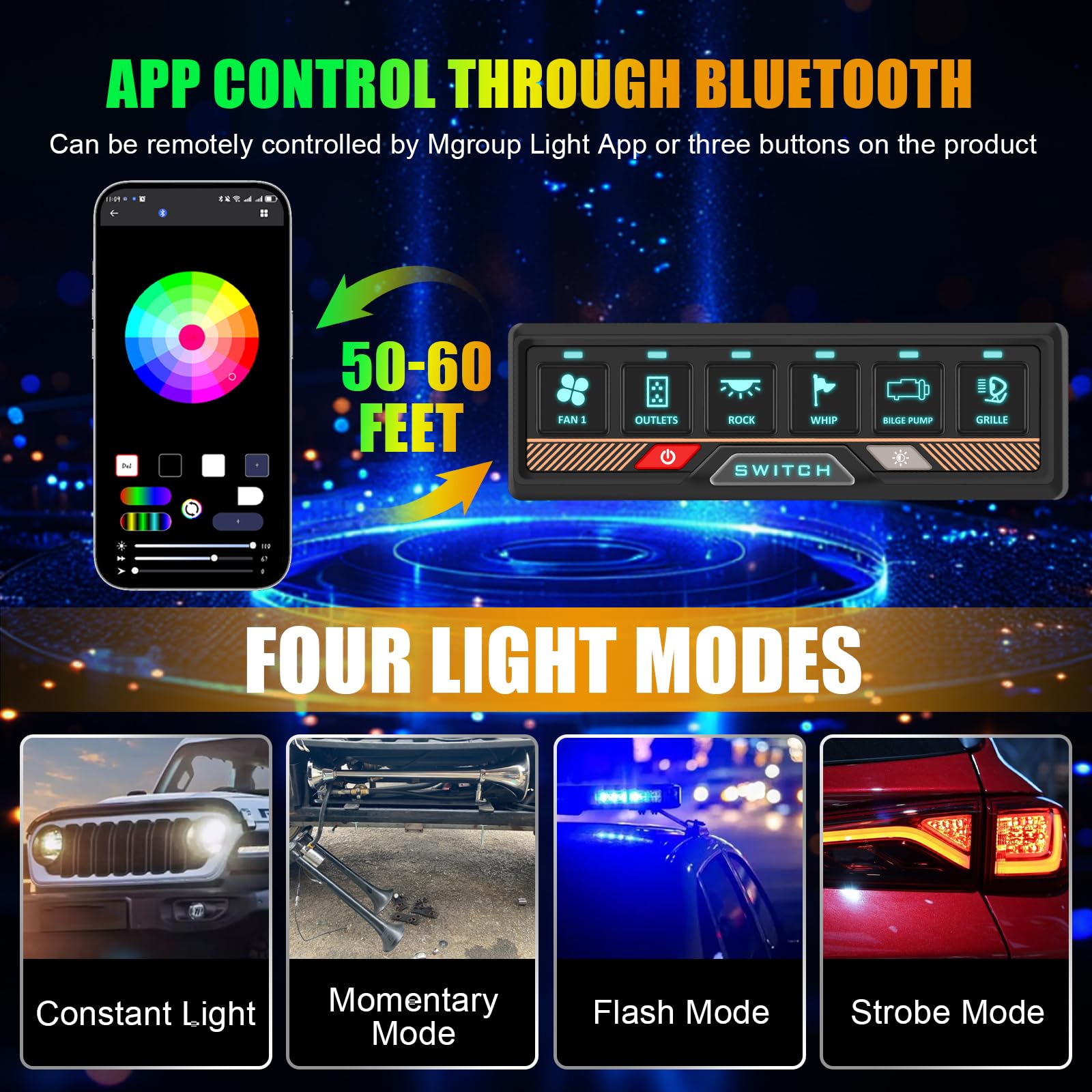 Chelhead RGB 6 Gang Switch Panel with APP Control, Universal Circuit Control Relay System, Multi-Function Bluetooth Remote Switch Panel, Compatible with Truck Boat SUV RV Trailer Marine ATV UTV