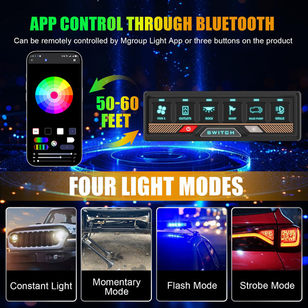Chelhead RGB 6 Gang Switch Panel with APP Control, Universal Circuit Control Relay System, Multi-Function Bluetooth Remote Switch Panel, Compatible with Truck Boat SUV RV Trailer Marine ATV UTV