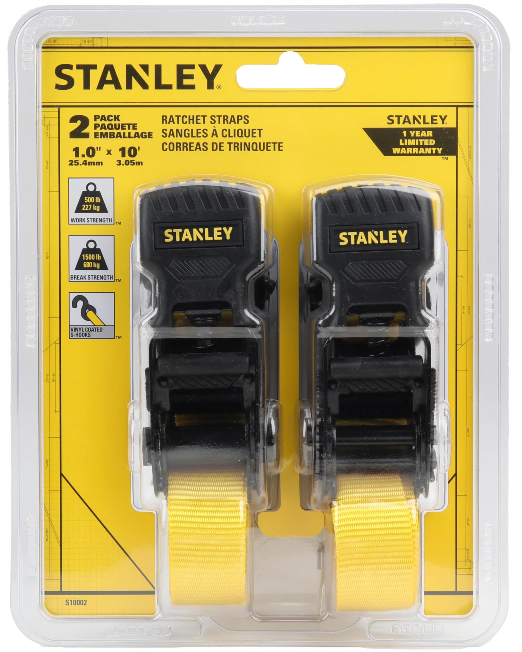 STANLEY S1007 Black/Yellow 1.5" x 16' Ratchet Tie Down Straps - 1,100 lb Safe Working Load / 3,300 lb Break Strength, 2 Pack