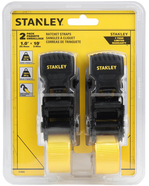 STANLEY S1007 Black/Yellow 1.5" x 16' Ratchet Tie Down Straps - 1,100 lb Safe Working Load / 3,300 lb Break Strength, 2 Pack