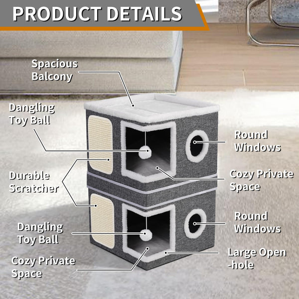 3-Storey Cat House for Indoor Cat, Separate Into 2 Large Cat Bed Cave with Hideaway Condos, Scratch Pads, Hanging Balls, Foldable Indoor Cat House