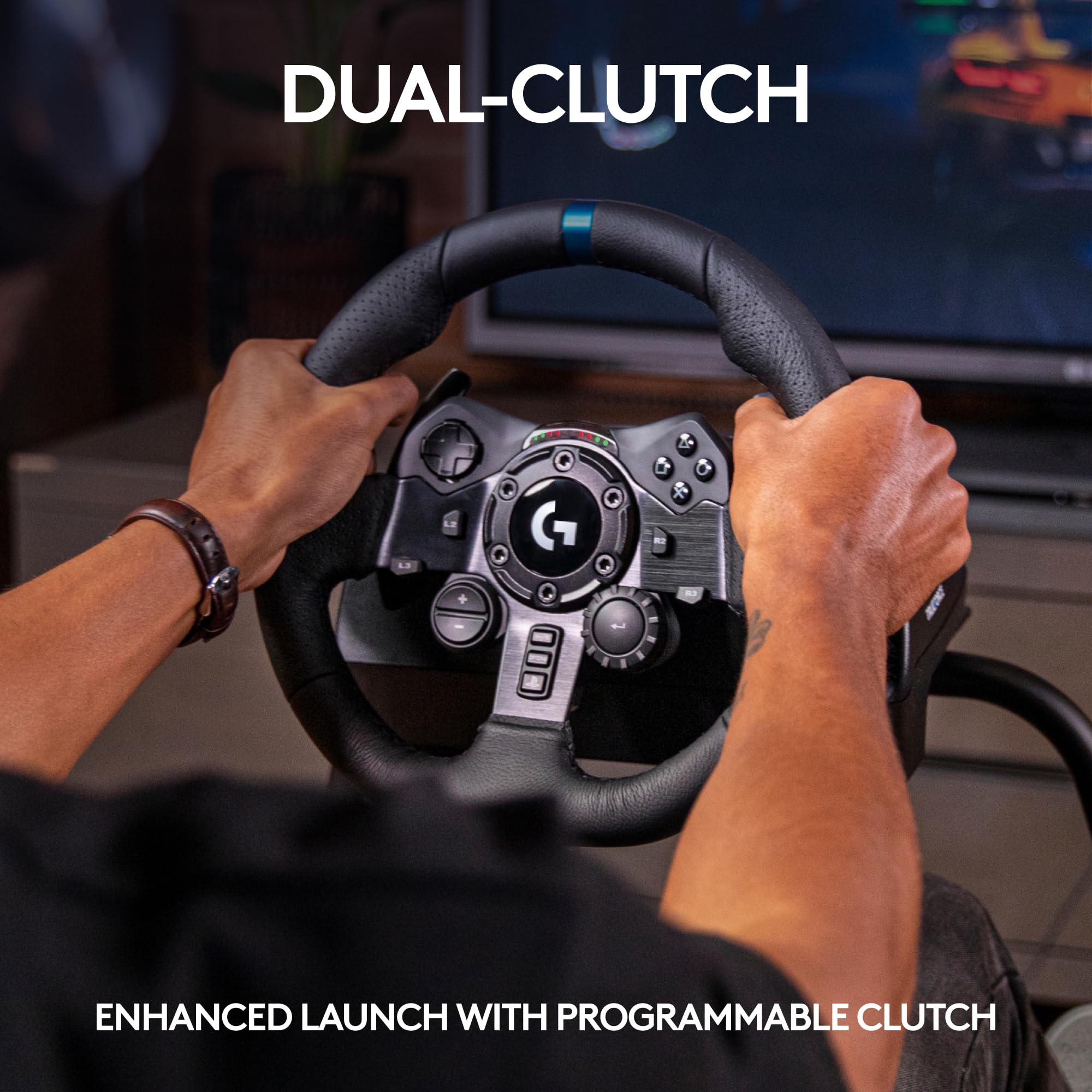 Logitech G G923 Racing Wheel and Pedals, TRUEFORCE up to 1000 Hz Force Feedback, Responsive Driving Design, Dual Clutch Launch Control, Genuine Leather Wheel Cover, for PS5, PS4, PC, Mac - Black