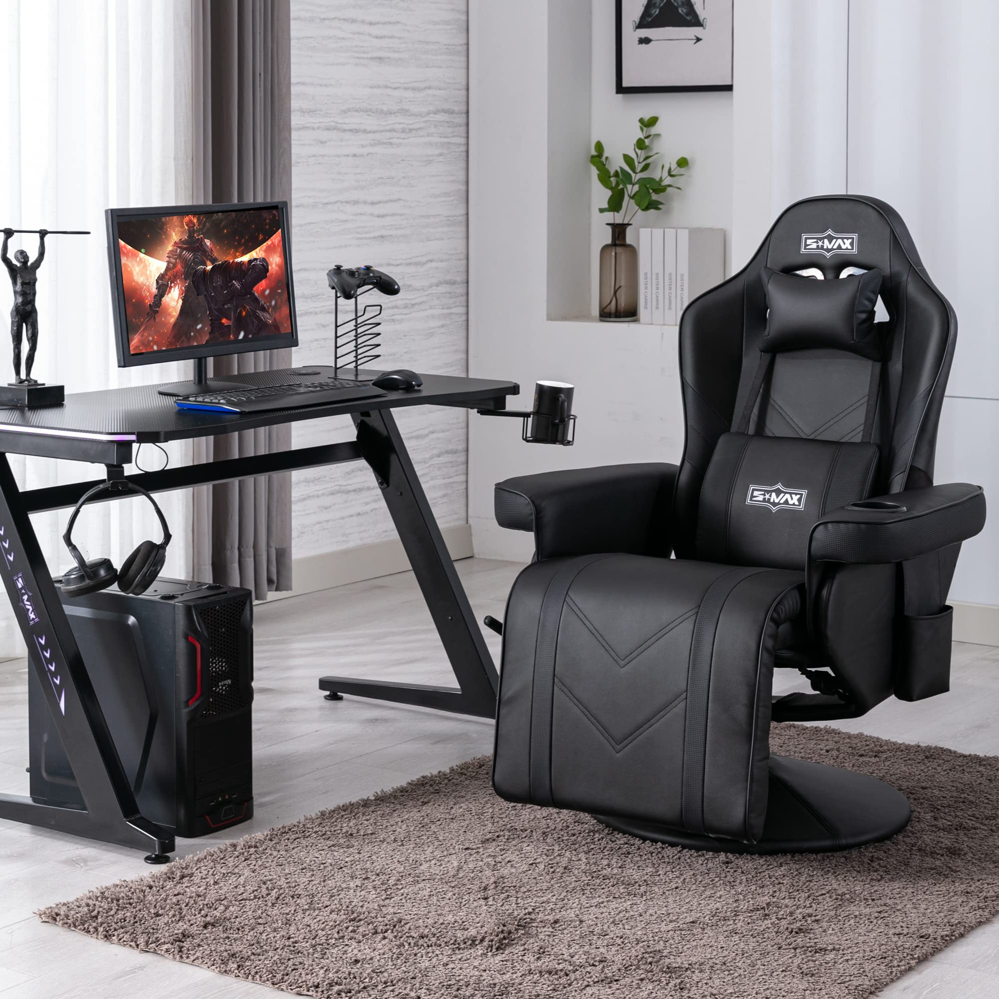 S*MAX Gaming Chair Recliner Height Adjustable Ergonomic Higher Back and Wider Lumbar Support Swivel PU Leather Gaming Chair with Footrest Cup Holder Gamer Chairs for Adults Black X Large