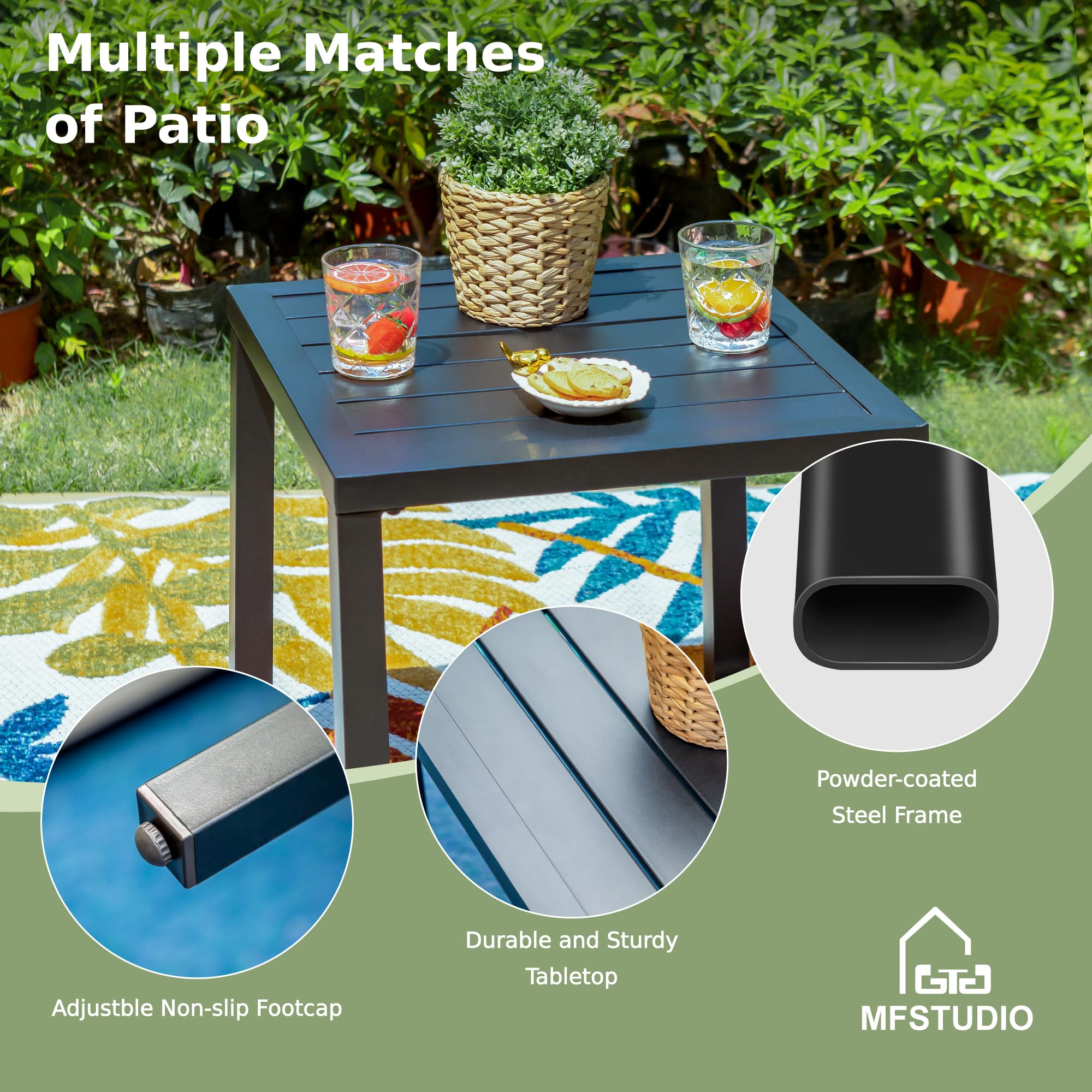 MFSTUDIO Garden Table, Metal Square Coffee Table, Tea Bistro Side Table, Small Outdoor Table, Weather Resistant, Black