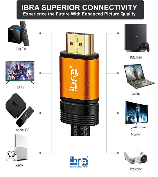 IBRA 2.1 HDMI Cable 8K, 1m Ultra HD Lead High-Speed Cord 48Gbps | Supports 8K@60HZ 4K@120HZ 4320p Compatible with Fire TV 3D Support Ethernet Function 8K UHD 3D-Xbox PlayStation PS3 PS4 PC-Orange