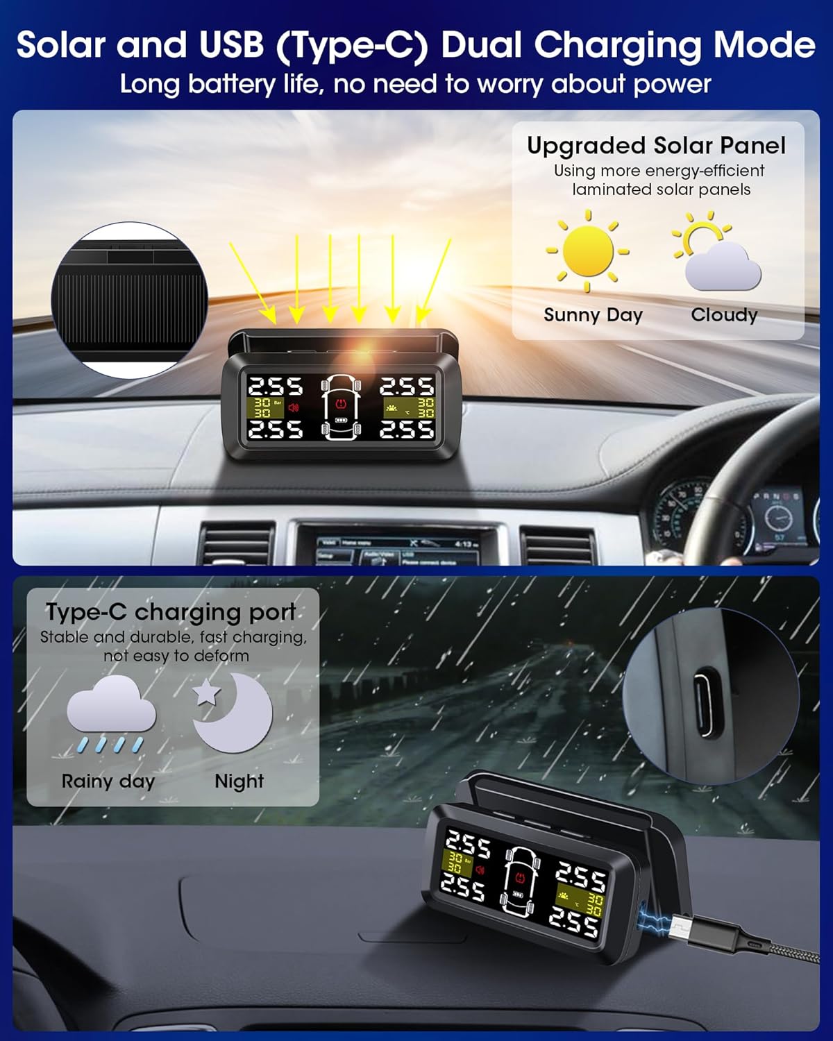 Jansite Upgraded TPMS Tyre Pressure Monitoring System Solar Wireless 4/2 Wheel Switch Modes Accuracy 0.01 Bar 21-87Psi Tyre Pressure Monitor 6 Alarm Mode with Detached Bracket and 4 External Sensors