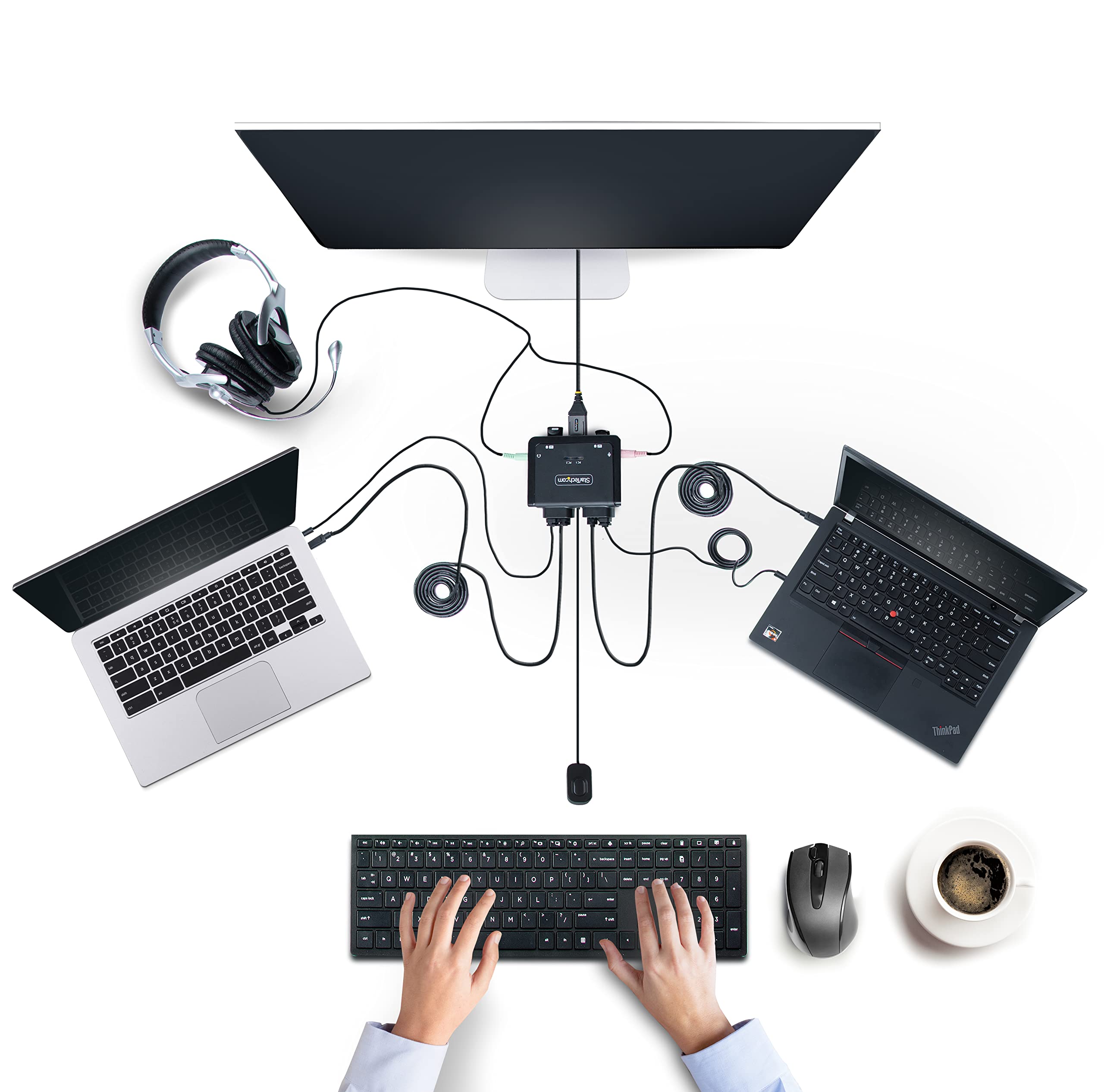 StarTech.com 2-Port Dual-Monitor DisplayPort Cable KVM Switch, 4K 60Hz, Compact KVM with 5ft/1.5m USB-A/DisplayPort/Audio Integrated Cables, Bus Powered, Remote/Hotkey Switching (C2-DD46-UA2-CBL-KVM)