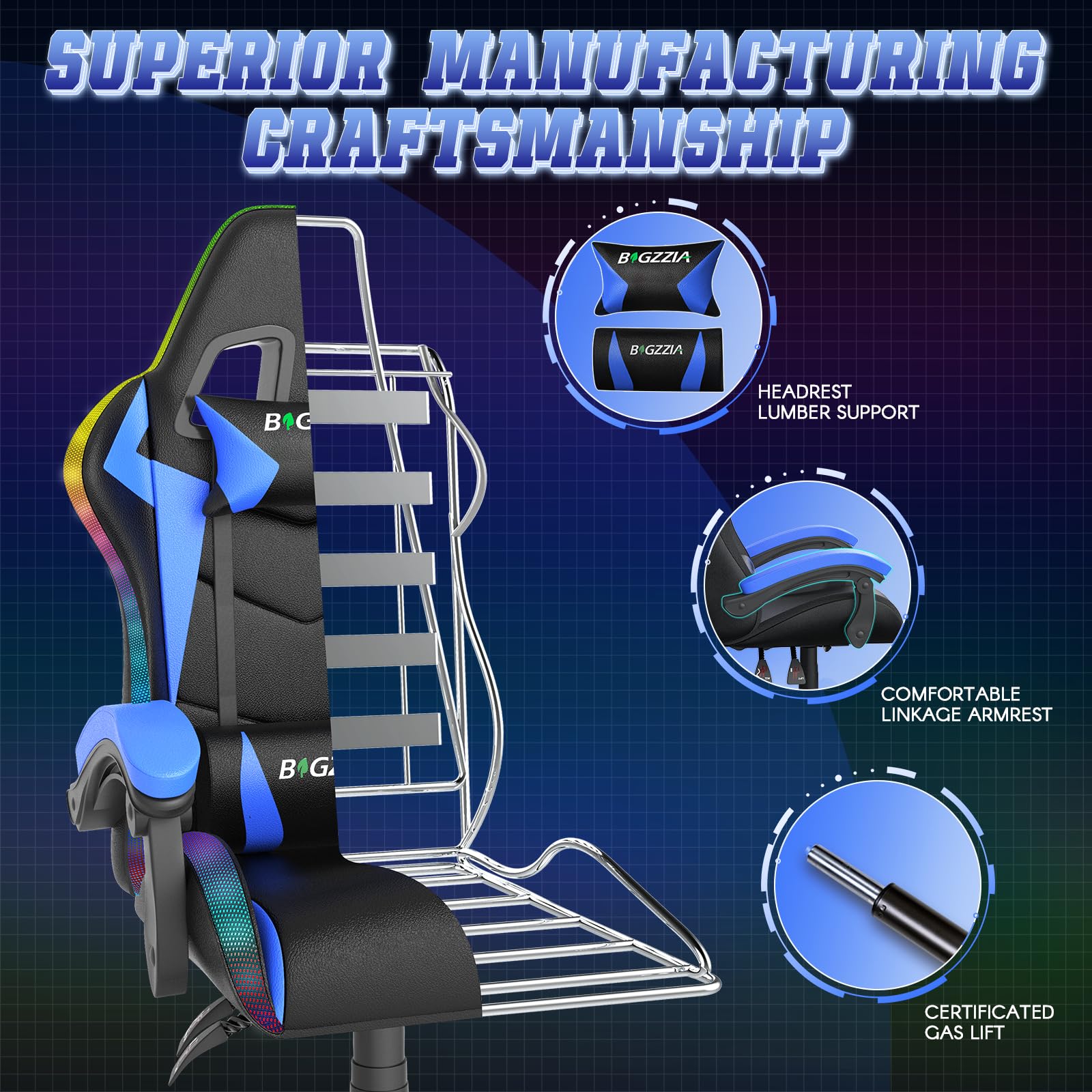 bigzzia RGB Gaming Chair with LED Lights and Ergonomic Computer Chair Reclining PU Leather High Back Video Game Chair with Headrest Adjustable Lumbar Support Linkage Armrest for Adults (Black/Grey)