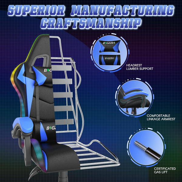bigzzia RGB Gaming Chair with LED Lights and Ergonomic Computer Chair Reclining PU Leather High Back Video Game Chair with Headrest Adjustable Lumbar Support Linkage Armrest for Adults (Black/Grey)