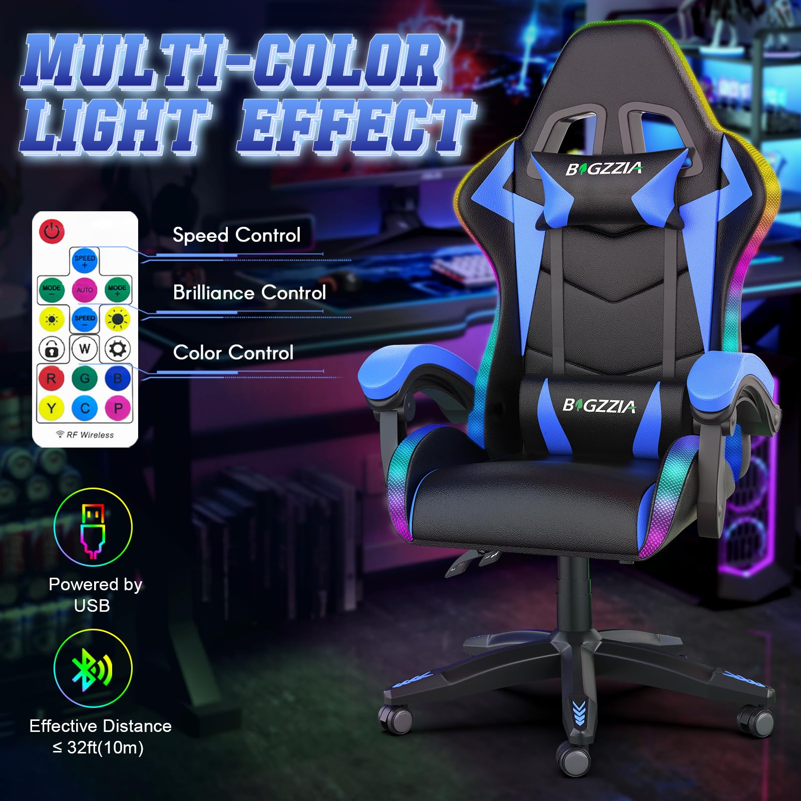 bigzzia RGB Gaming Chair with LED Lights and Ergonomic Computer Chair Reclining PU Leather High Back Video Game Chair with Headrest Adjustable Lumbar Support Linkage Armrest for Adults (Black/Grey)