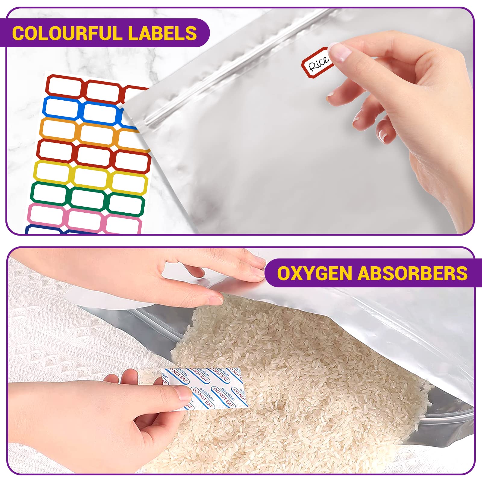 15PCS Mylar Bags for Food Storage 5 Gallon 17"x28" 8.6Mil, Mylar Bags with Oxygen Absorbers 40000cc + Labels Heat Sealable Resealable Ziplock for Long