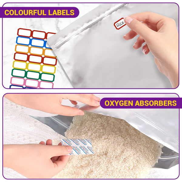 15PCS Mylar Bags for Food Storage 5 Gallon 17"x28" 8.6Mil, Mylar Bags with Oxygen Absorbers 40000cc + Labels Heat Sealable Resealable Ziplock for Long