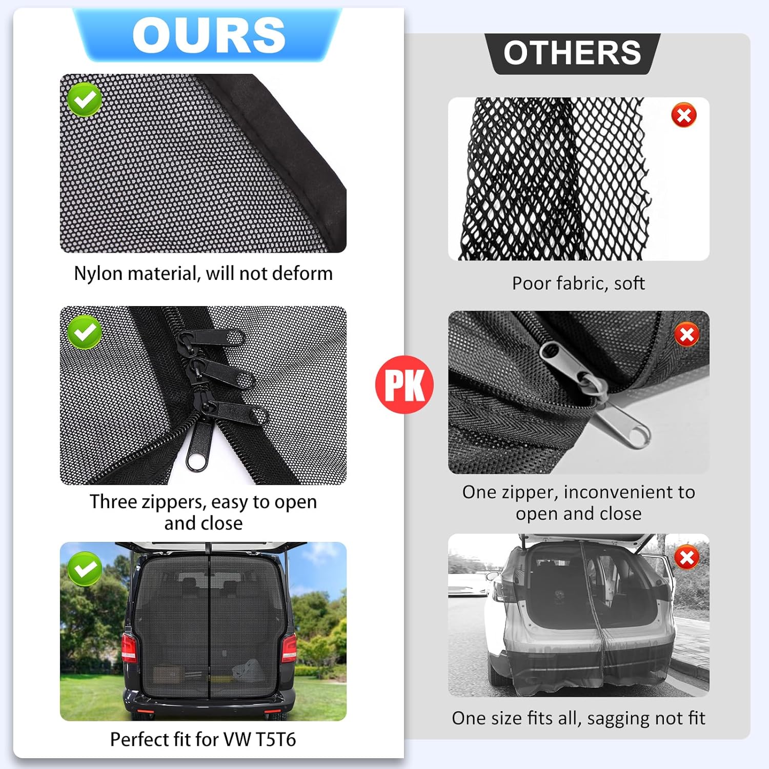 ZATOOTO Van Bug Screen for VW T5 T6, Magnetic Rear Door Mosquito Screen Net with Zipper Closure, Fly Screen Mosquito Net for Outdoor Camping