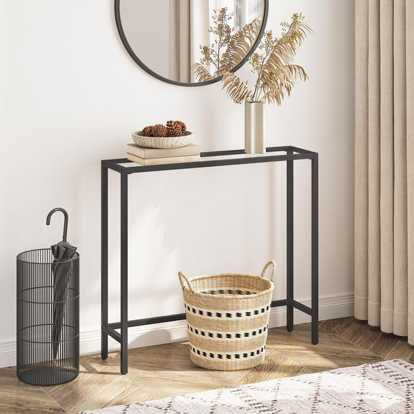 HOOBRO Slim Hallway Console Table, Tempered Glass Sofa Table, 75 x 22 x 80 cm, Modern Display Table for Living Room, Metal Frame, Sturdy, Black