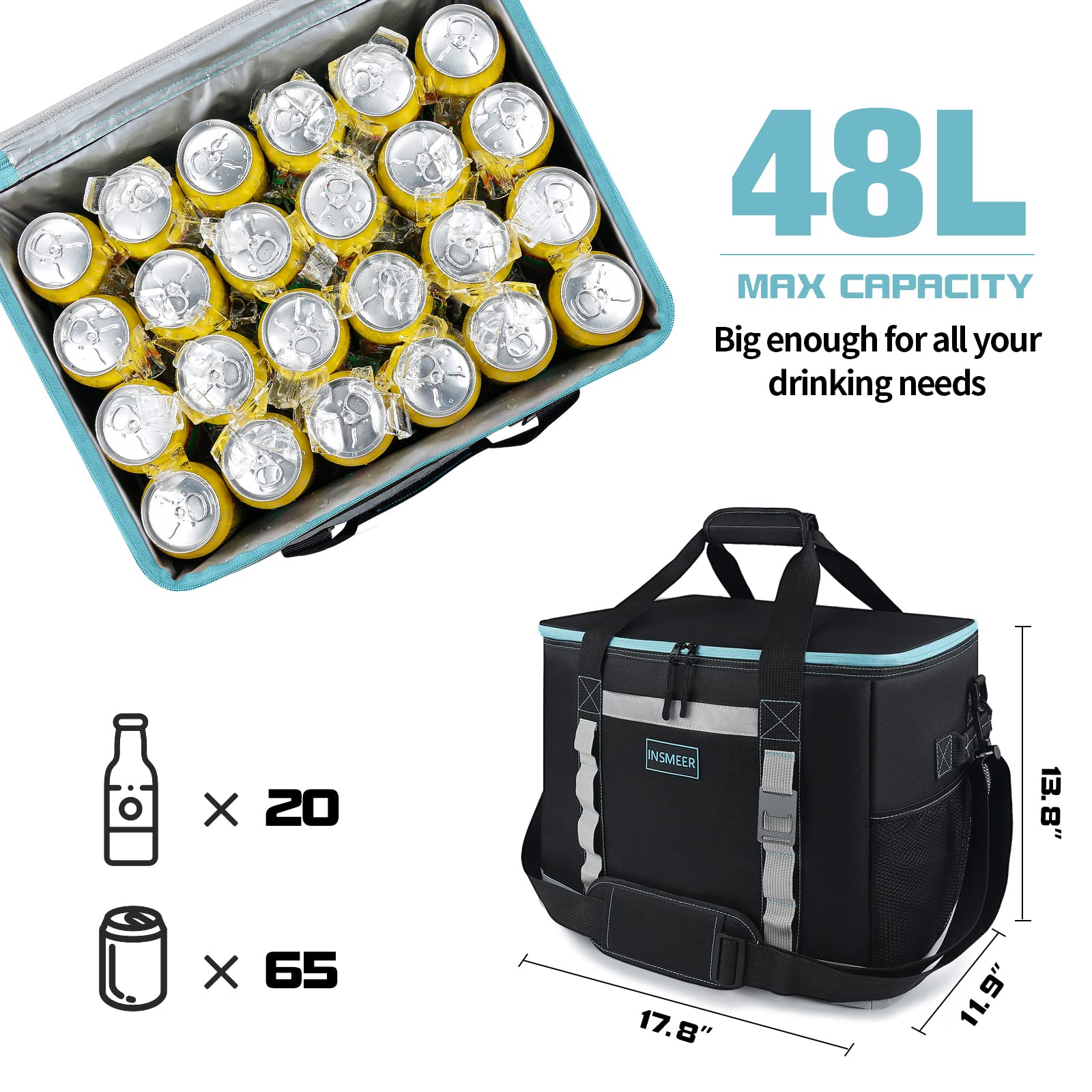 INSMEER Large Cooler Bag 65 Can, Soft Cooler Insulated 48L Foldable/Collapsible/Leakproof,with Opener&Removable Shoulder Strap, Portable Thermal Bag