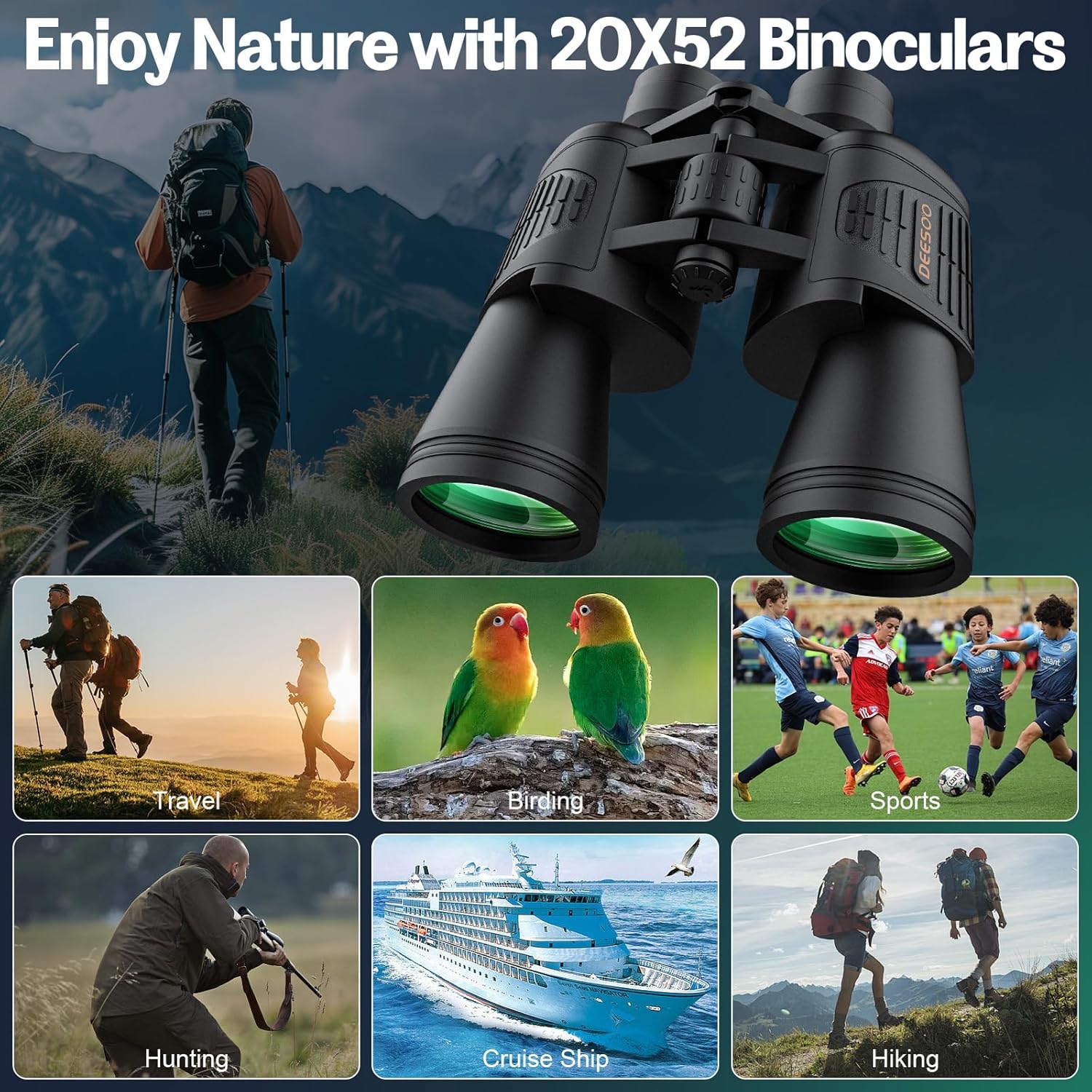 Deesoo 20x52 Binoculars for Adults High Powered - HD Large View Binoculars with Low Light Vision - Professional Binocular for Bird Watching Hunting Travel Cruise Outdoor Sports with Carrying Bag