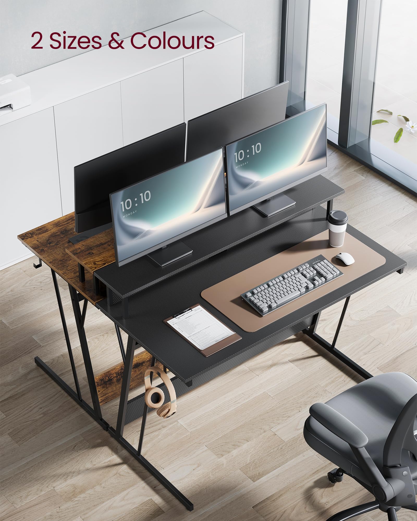 VASAGLE Gaming Desk with LED Lights and Built-In Power Outlets, Computer Desk with Monitor Shelf, Gaming Table for 2 Monitors, Office Desk, for Bedroom, 60 x 120 x 76 cm, Carbon Black LWD292B02