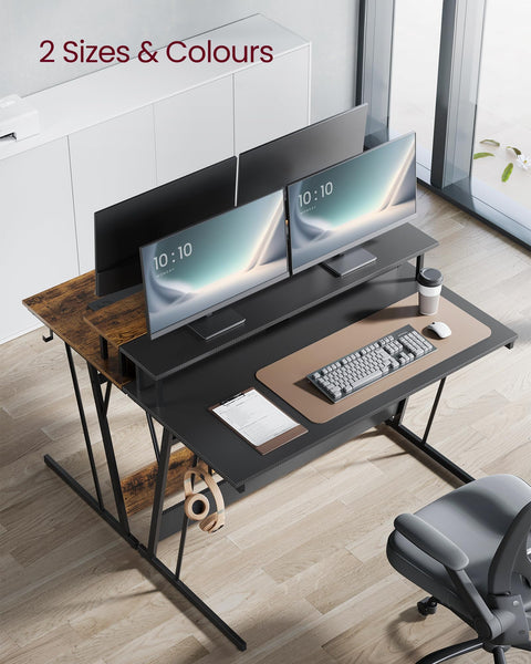 VASAGLE Gaming Desk with LED Lights and Built-In Power Outlets, Computer Desk with Monitor Shelf, Gaming Table for 2 Monitors, Office Desk, for Bedroom, 60 x 120 x 76 cm, Carbon Black LWD292B02