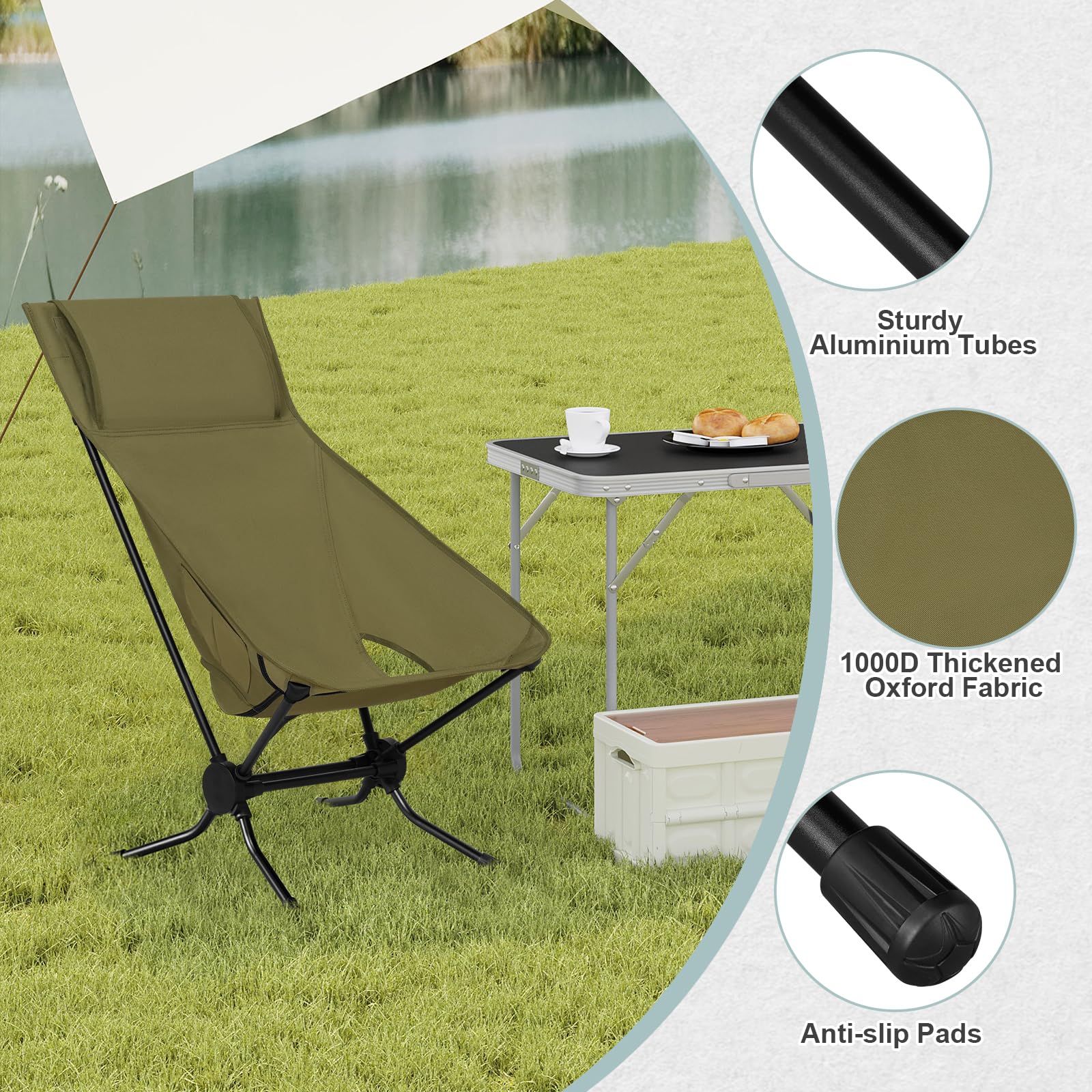 WOLTU Folding Camping Chair, Ultra Lightweight Alu Outdoor Chair, High Back, Portable Chair with Carrying Bag for Fishing, Picnic, Hiking, Heavy Duty 150kg Capacity, Black