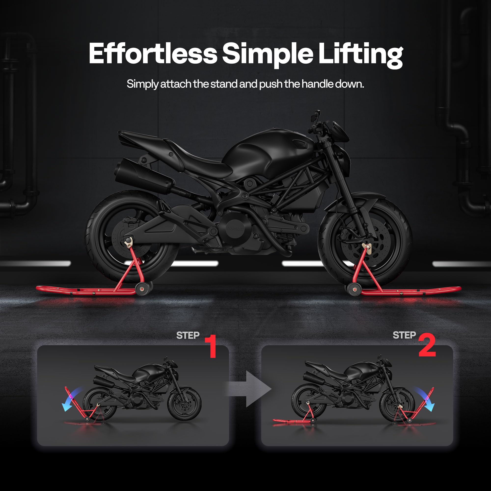 SPECSTAR Motorcycle Paddock Stand Combo 400kg Capacity Front and Rear Wheel Lift with U & L Fork Adjustable Swingarm Spool Stands for Motorbike Garage Repair Use Scissor Stand with 4 Wheels