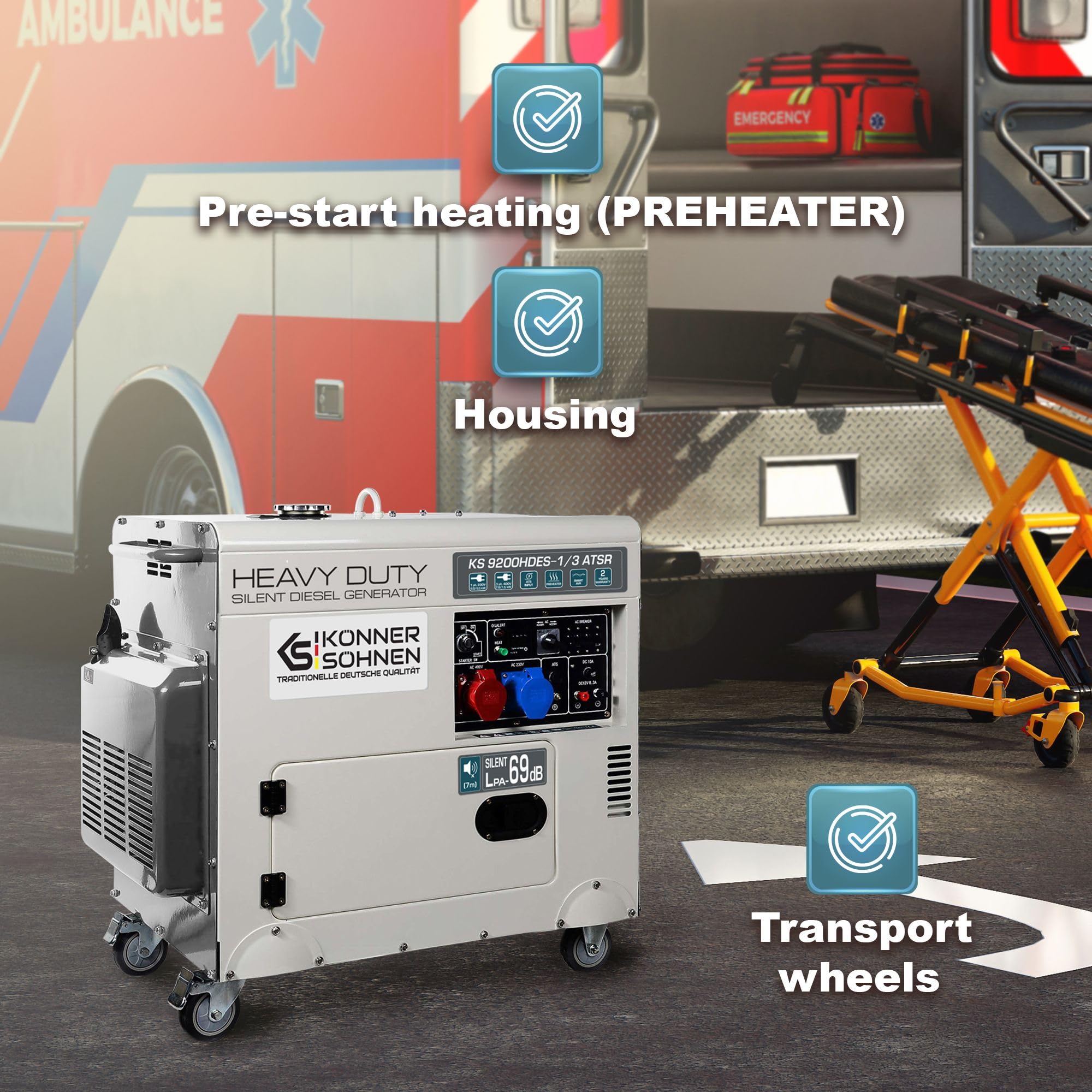 KS 9300DE-1/3 ATSR, diesel emergency generator 7500 W (400 V) / 6500 W (230 V), VTS phase switching system, diesel power generator EURO 5, LED display, air preheater, ATS connection