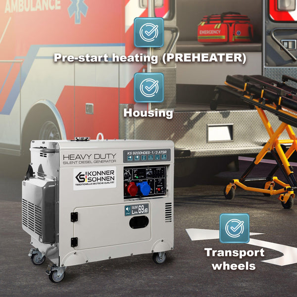 KS 9300DE-1/3 ATSR, diesel emergency generator 7500 W (400 V) / 6500 W (230 V), VTS phase switching system, diesel power generator EURO 5, LED display, air preheater, ATS connection