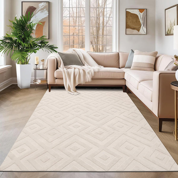 SHACOS Washable Rug Living Room 140 x 200 cm Large Rug Modern Cream Area Rug for Living Room, Bedroom, Non-Slip Ultra Soft Floor Carpet, Geometric