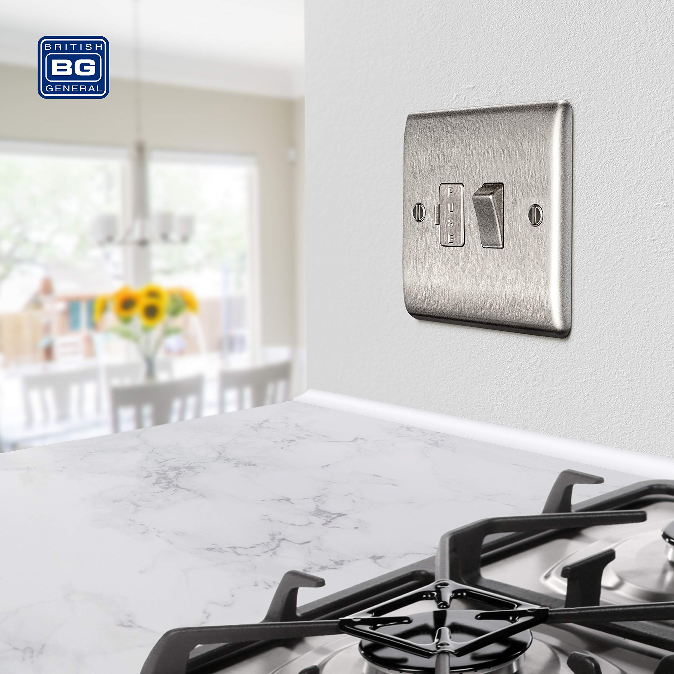 BG Electrical Cooker Switch with Socket and LED, Cooker Control Unit, Control Socket, Double Pole, Raised Profile, Round Edges, Nexus Metal, Brushed Steel, Grey Inserts, 45A, NBS70G