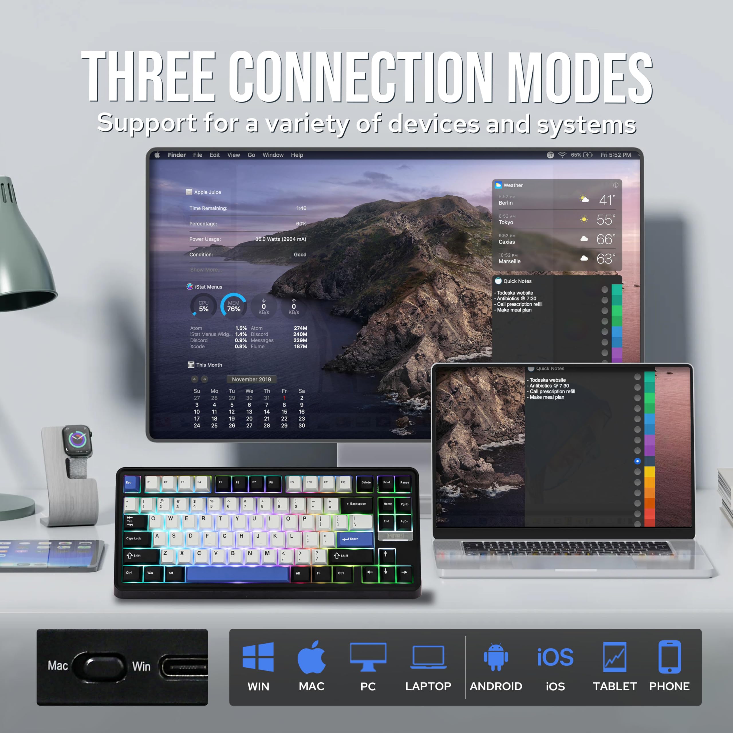 EPOMAKER TH85 QMK/VIA Mechanical Gaming Keyboard, BT/2.4Ghz Wireless, RGB, Hot-Swappable & Programmable Keys in US 75% Layout (Black&White, Creamy Jade Switch)