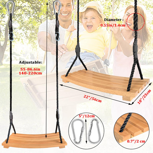 Favuit Wooden Swing Seat, Garden Tree Swing Hanging Seat Wood Swing with Adjustable Rope Outdoor Wood Swing Chair Durable Playground Equipment for