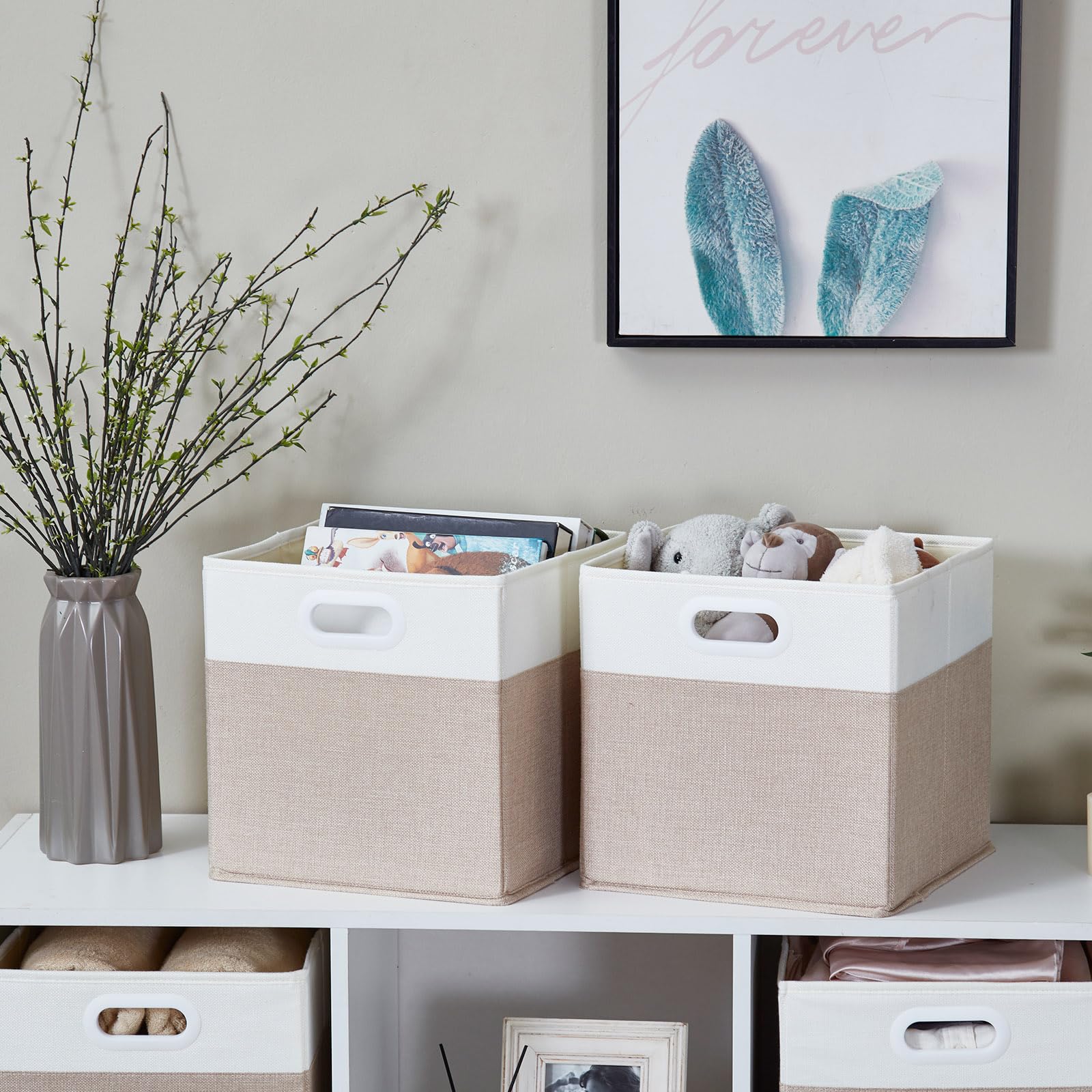 Mangata Cube Storage Boxes 33x38x33 cm, Large Fabric storage baskets for Kallax Box, Clothes Bins, Baskets, Chests,Toys (Lihgt Khaki White, 4Pcs)