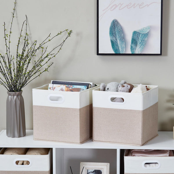 Mangata Cube Storage Boxes 25x25x25 cm, Fabric Storage Cube Baskets for Clothes Bins, Baskets, Chests,Toys (Lihgt Khaki White, 4Pcs)