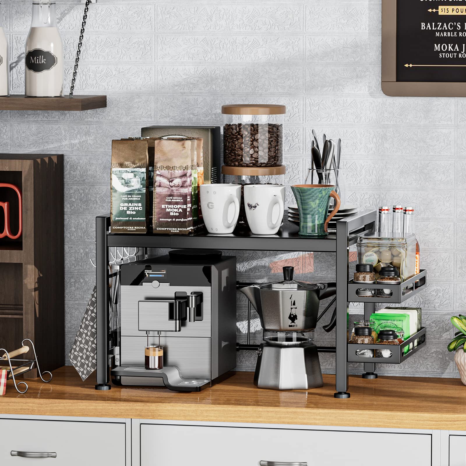 EKNITEY Extendable Microwave Oven Rack - Over Microwave Shelf Countertop 2 Tier Kitchen Microwave Stand (L15.7~23.6" xW12.8 xH17.7) with Spice Rack