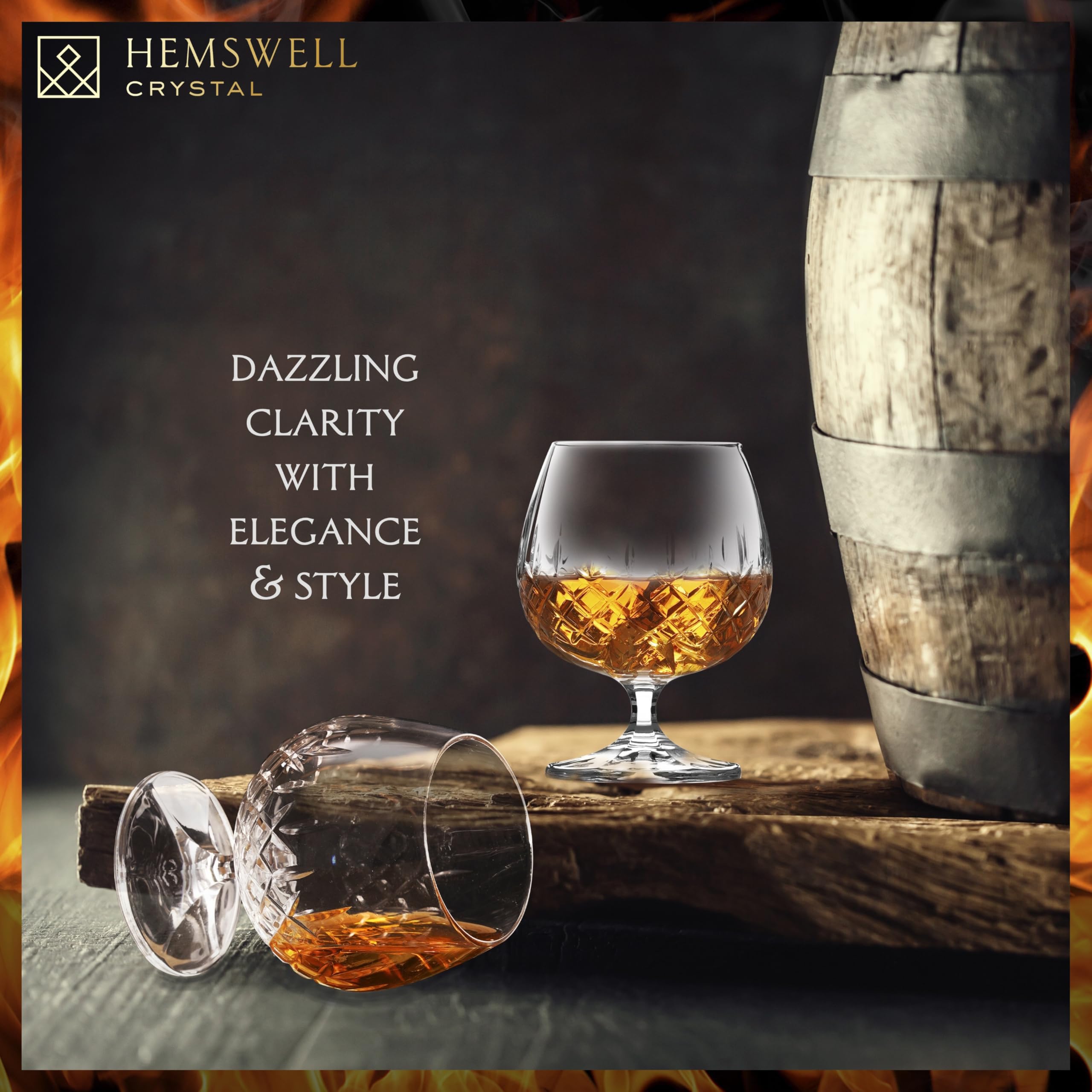 Hemswell Crystal Brandy Glasses Set of 2 - Cut European Crystal Cognac Glasses with Satin Lined Box 250ml - Scotch Port Snifter Goblet - Brandy Gift