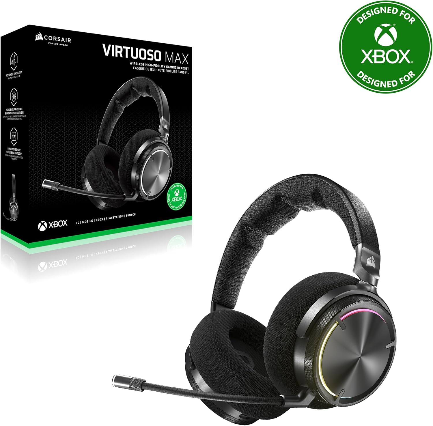 Corsair VIRTUOSO MAX WIRELESS Officially Licensed Xbox Series X|S Gaming Headset – Dolby Atmos, Active Noise Cancelling, 2.4GHz Wireless & Bluetooth, Game/Chat Audio Controls, PC, PS5/PS4 – Carbon
